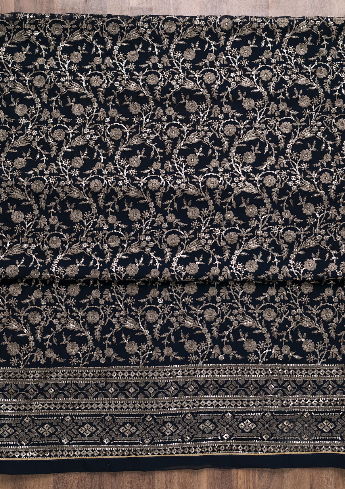 Navy Blue Threadwork Georgette Unstitched Salwar Suit-Koskii