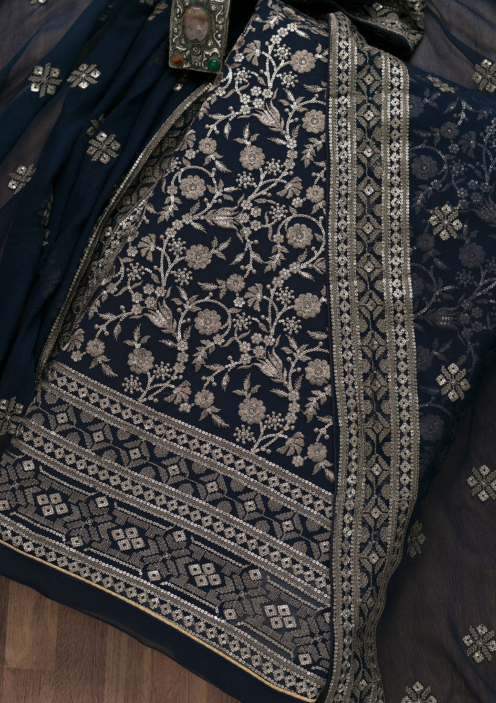 Navy Blue Threadwork Georgette Unstitched Salwar Suit-Koskii