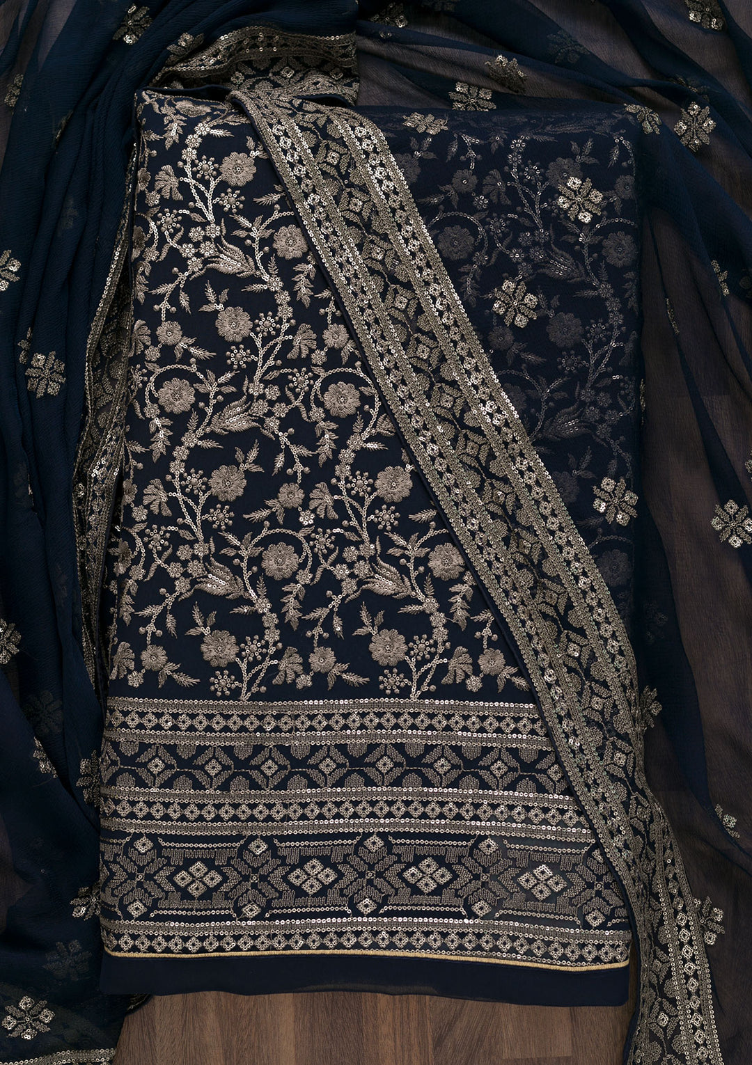 Navy Blue Threadwork Georgette Unstitched Salwar Suit-Koskii