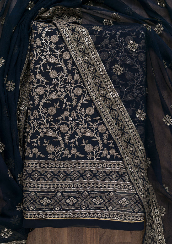 Navy Blue Threadwork Georgette Unstitched Salwar Suit-Koskii
