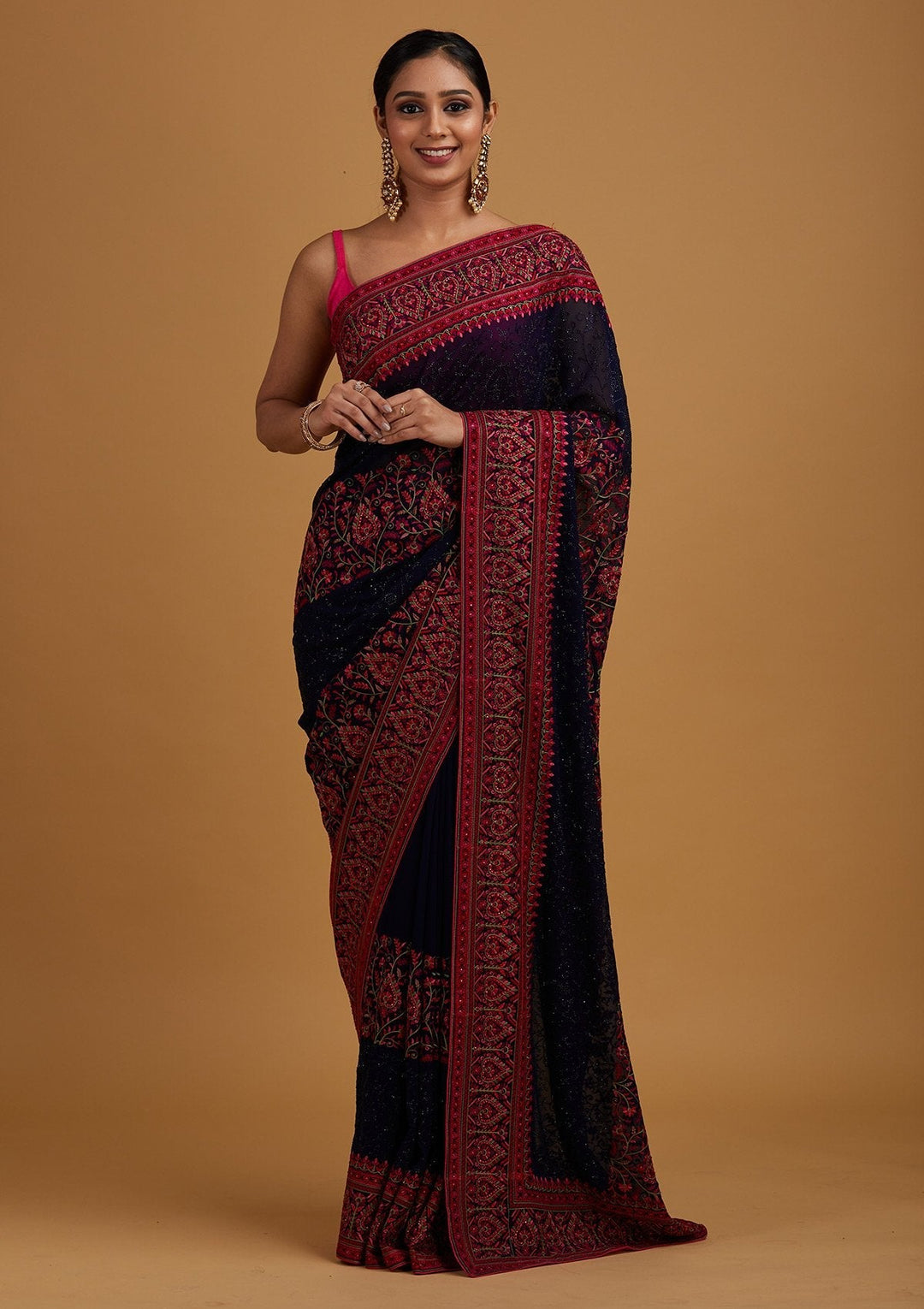 Navy Blue Threadwork Georgette Designer Saree - Koskii