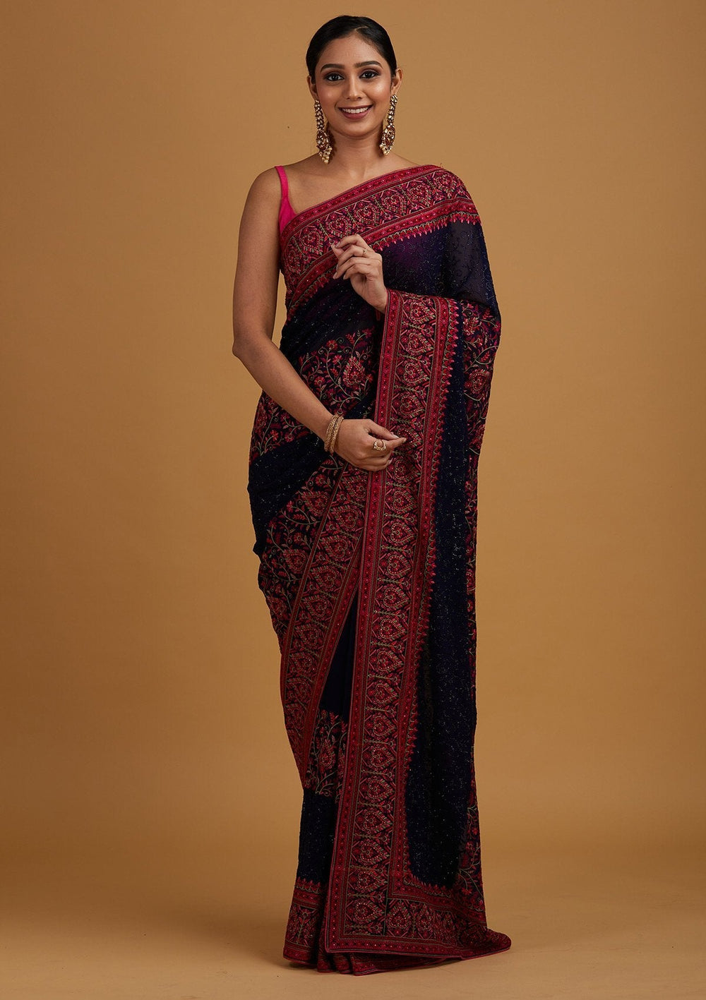 Navy Blue Threadwork Georgette Designer Saree - Koskii