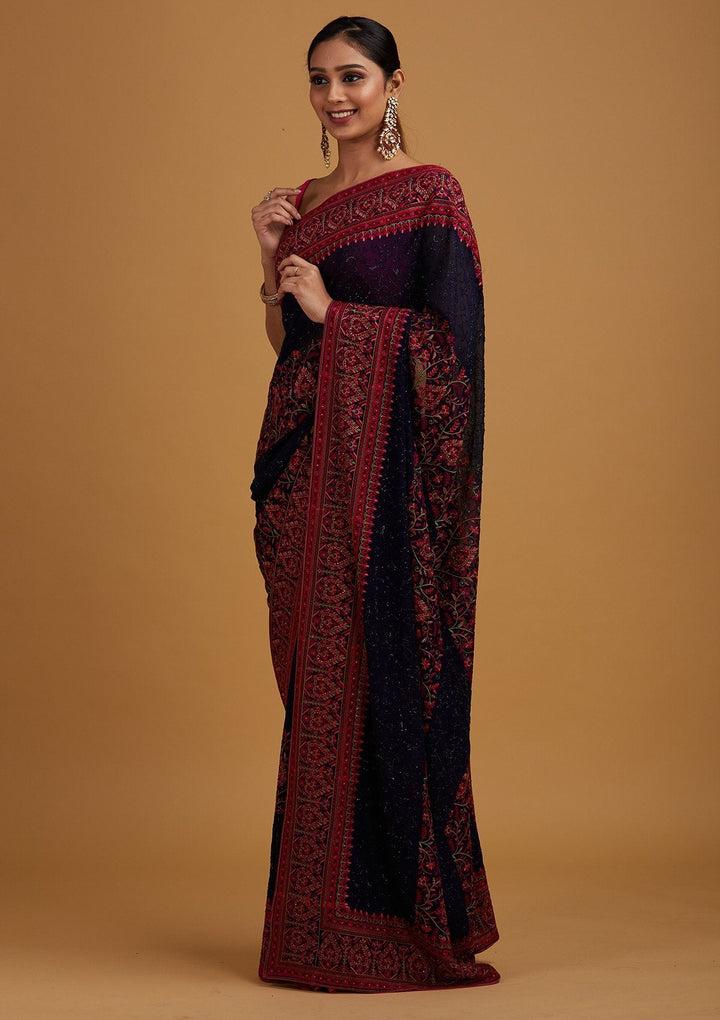 Navy Blue Threadwork Georgette Designer Saree - Koskii