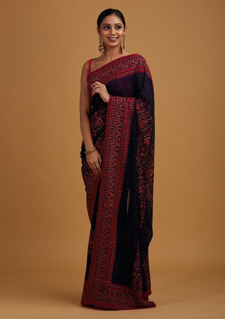 Navy Blue Threadwork Georgette Designer Saree - Koskii