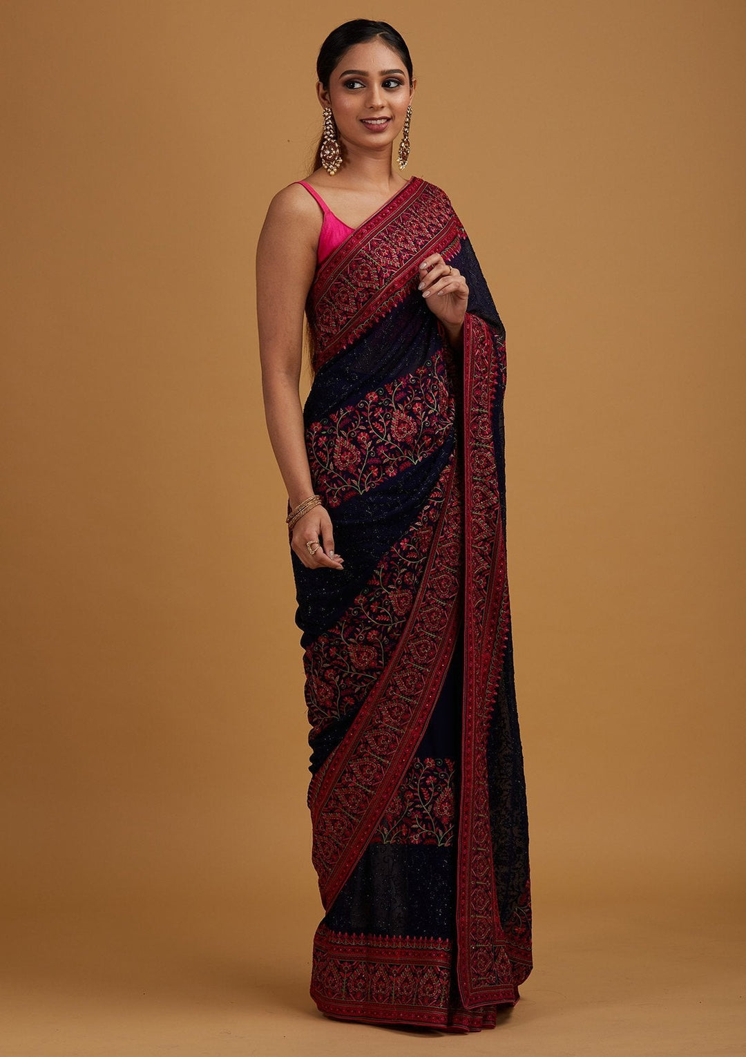 Navy Blue Threadwork Georgette Designer Saree - Koskii