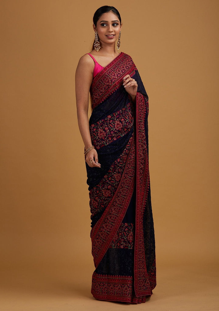 Navy Blue Threadwork Georgette Designer Saree - Koskii