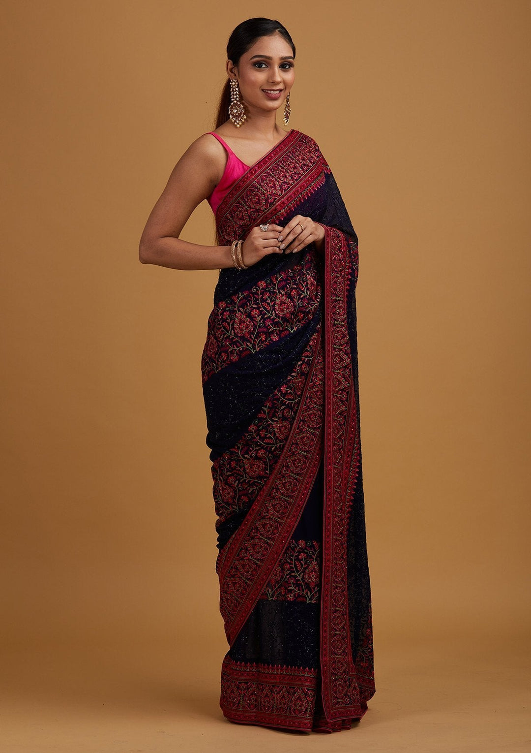 Navy Blue Threadwork Georgette Designer Saree - Koskii