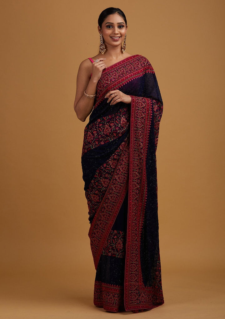 Navy Blue Threadwork Georgette Designer Saree - Koskii