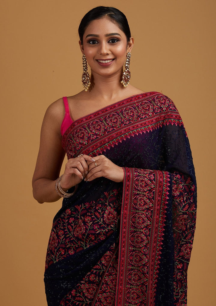 Navy Blue Threadwork Georgette Designer Saree - Koskii