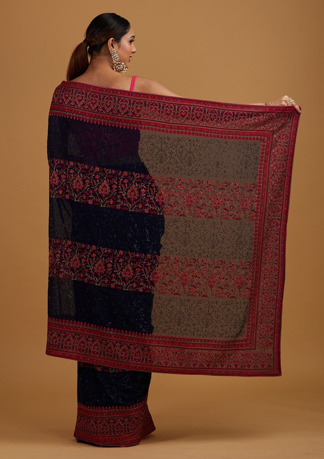Navy Blue Threadwork Georgette Designer Saree - Koskii