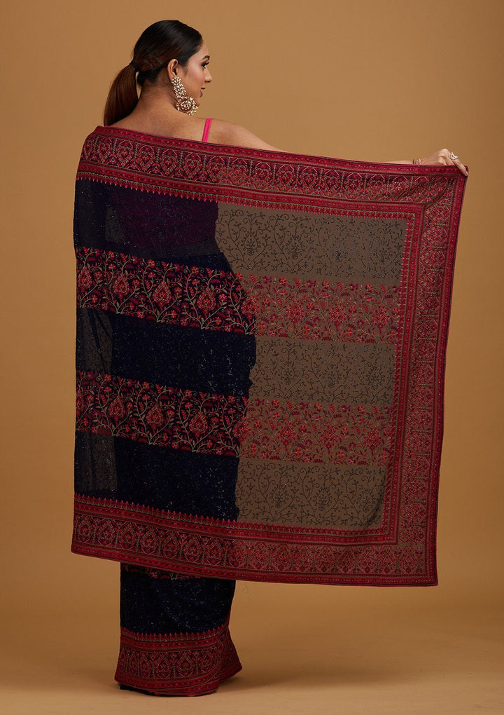 Navy Blue Threadwork Georgette Designer Saree - Koskii