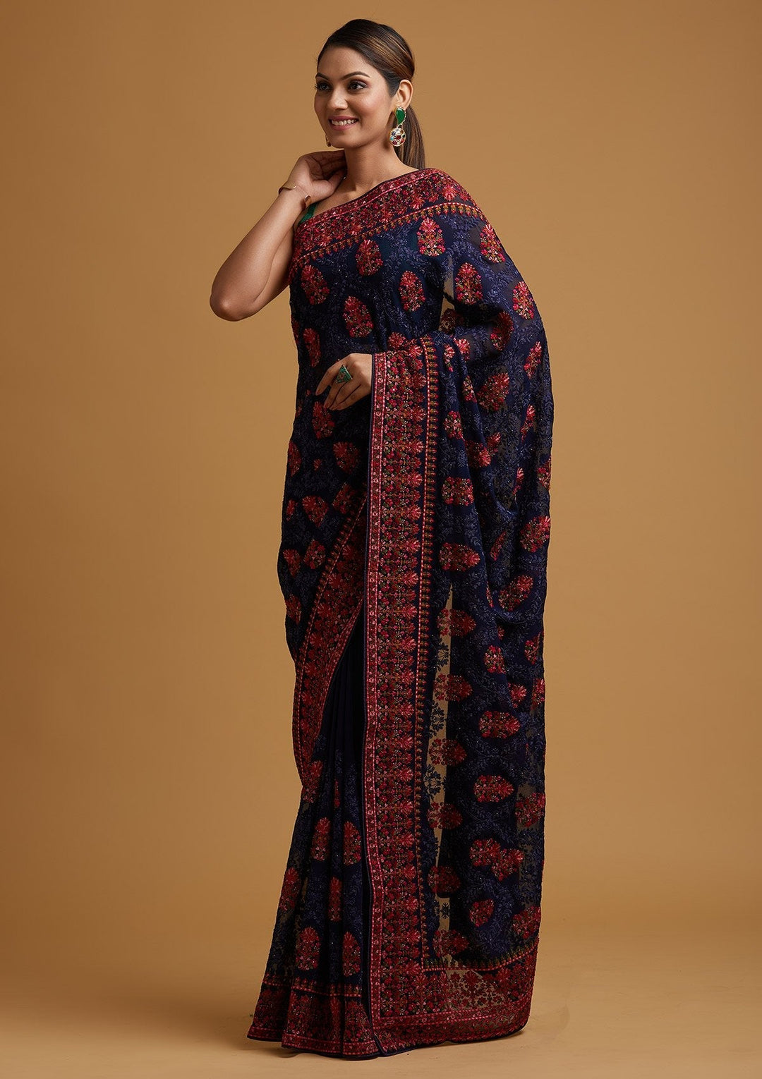 Navy Blue Threadwork Georgette Designer Saree - koskii