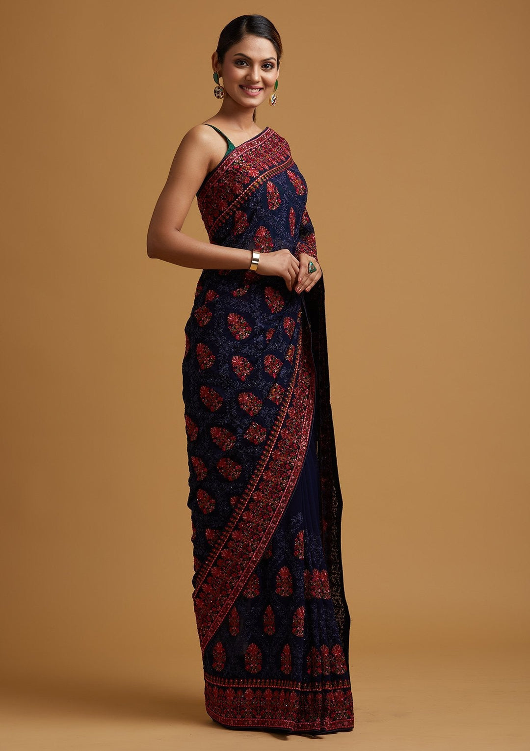 Navy Blue Threadwork Georgette Designer Saree - koskii