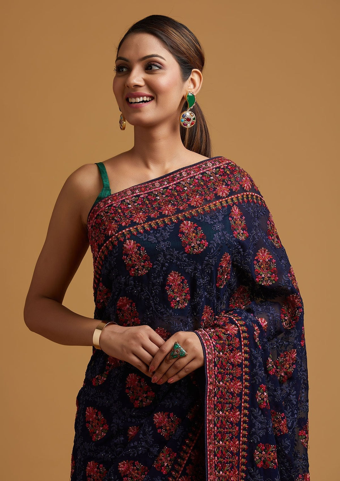 Navy Blue Threadwork Georgette Designer Saree - koskii