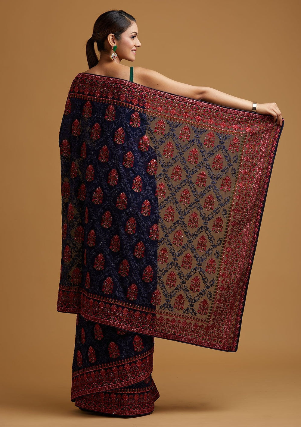 Navy Blue Threadwork Georgette Designer Saree - koskii