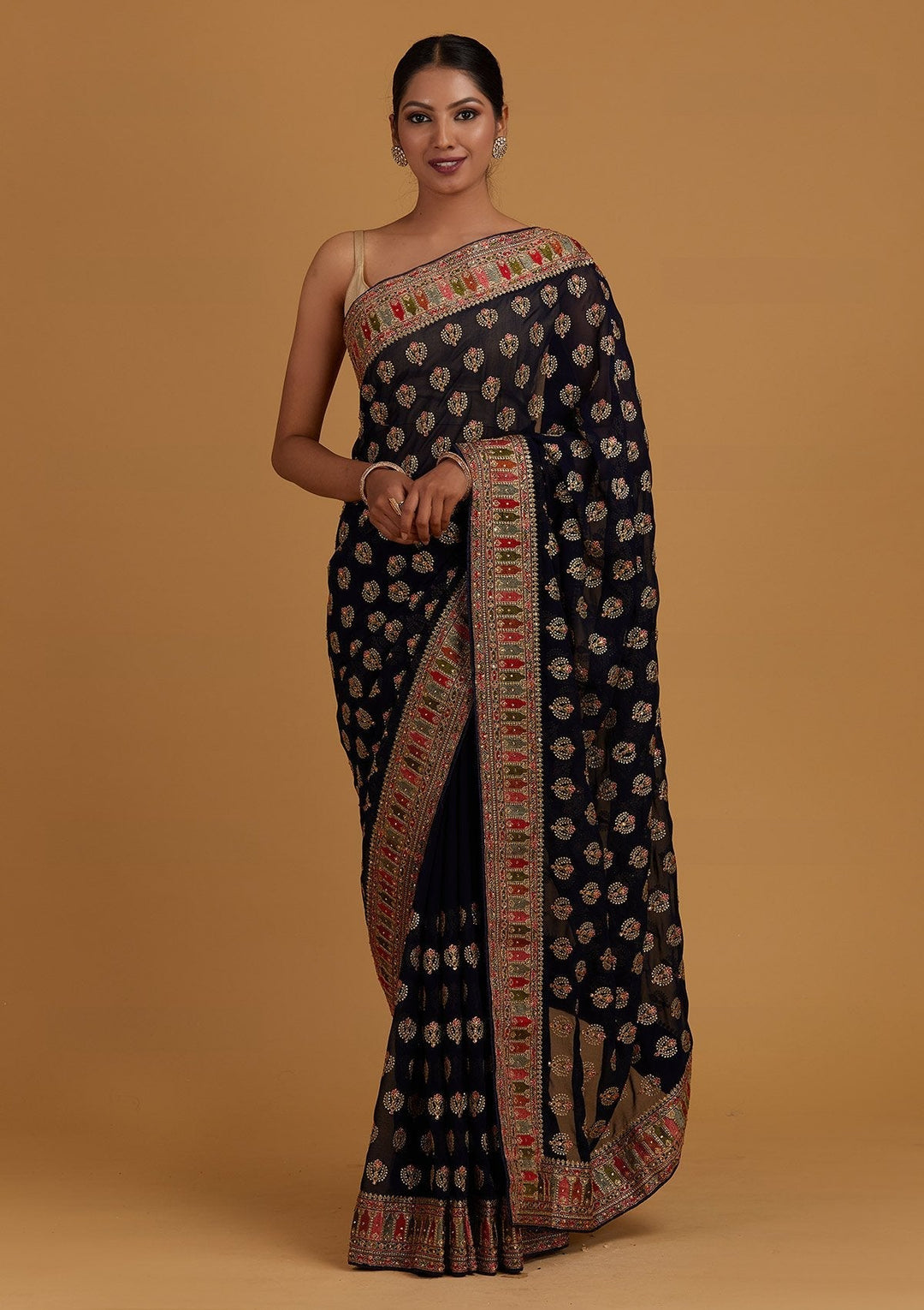 Navy Blue Threadwork Georgette Designer Saree - Koskii