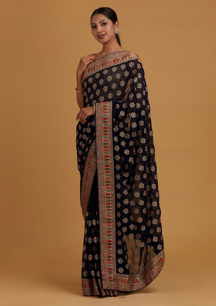 Navy Blue Threadwork Georgette Designer Saree - Koskii