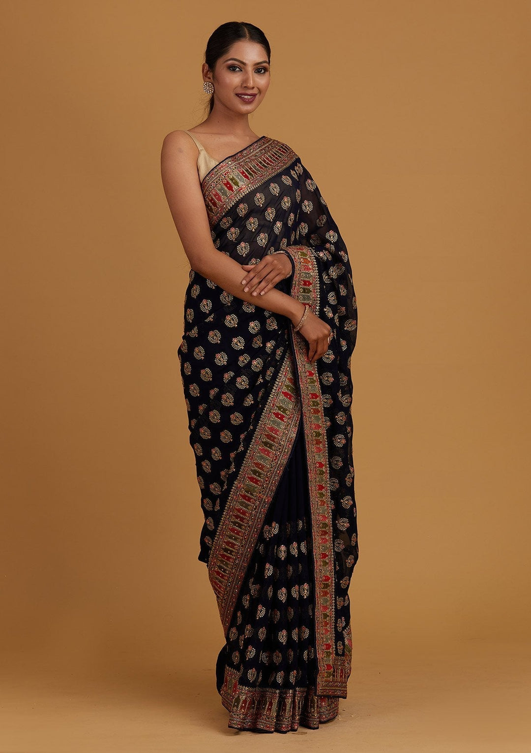 Navy Blue Threadwork Georgette Designer Saree - Koskii
