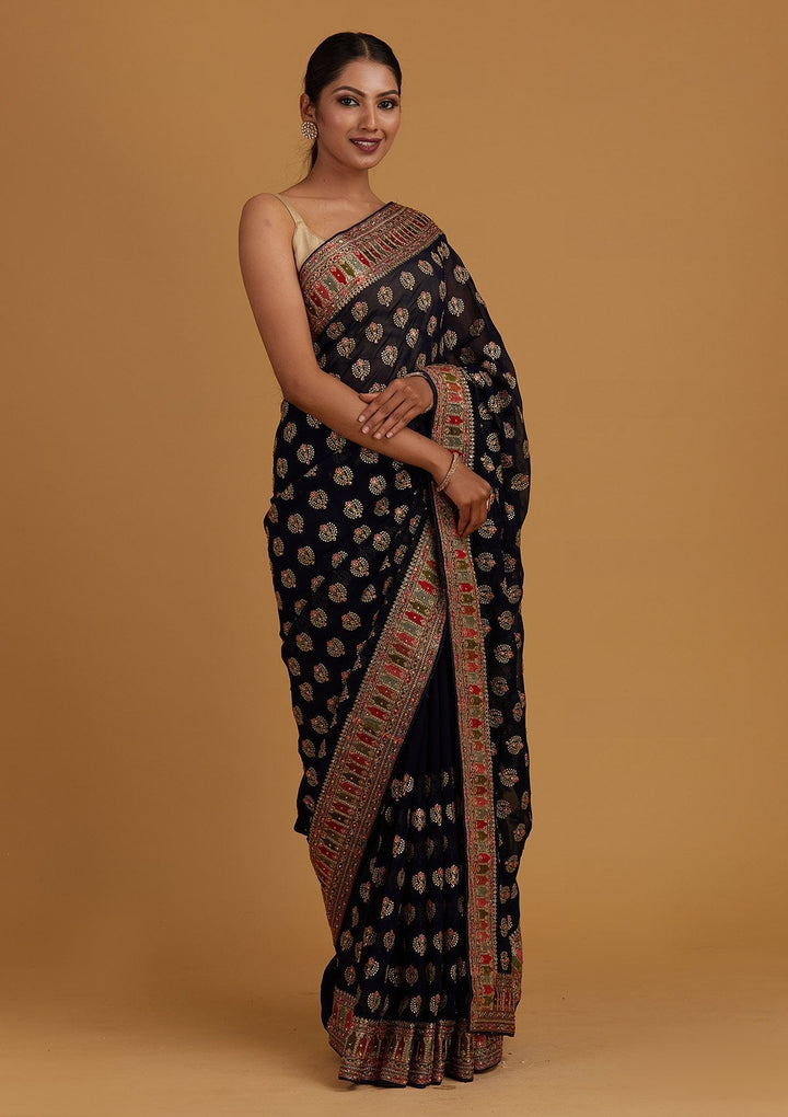Navy Blue Threadwork Georgette Designer Saree - Koskii
