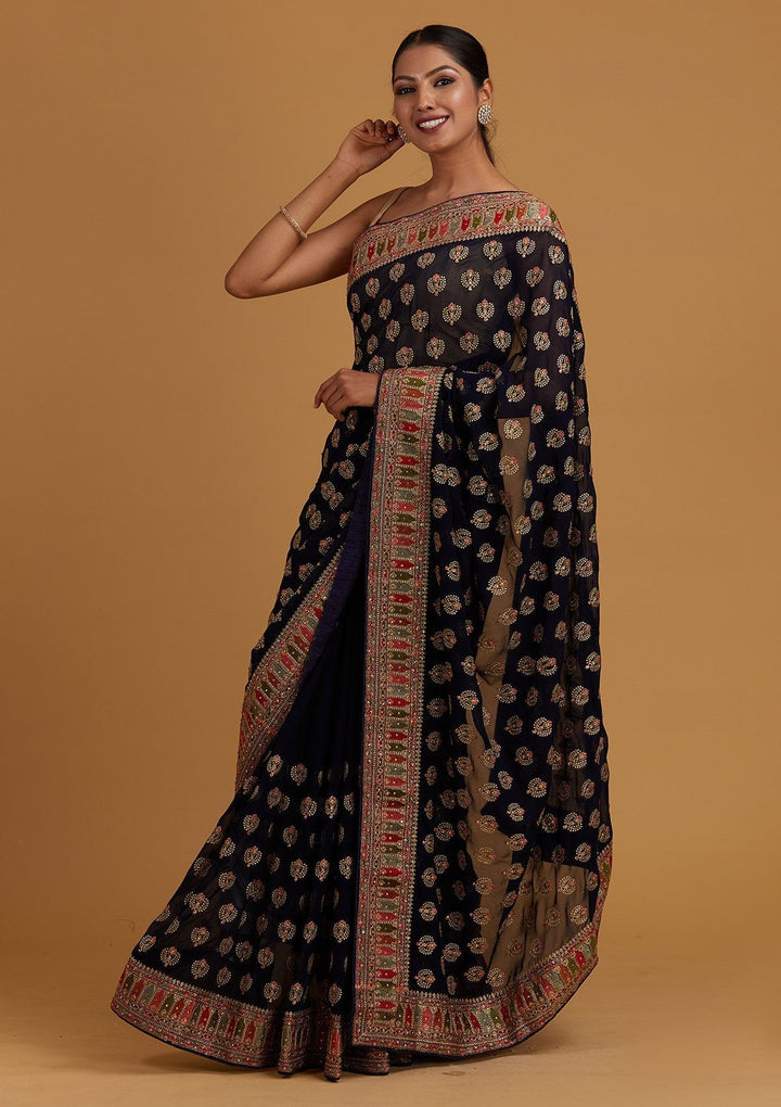 Navy Blue Threadwork Georgette Designer Saree - Koskii