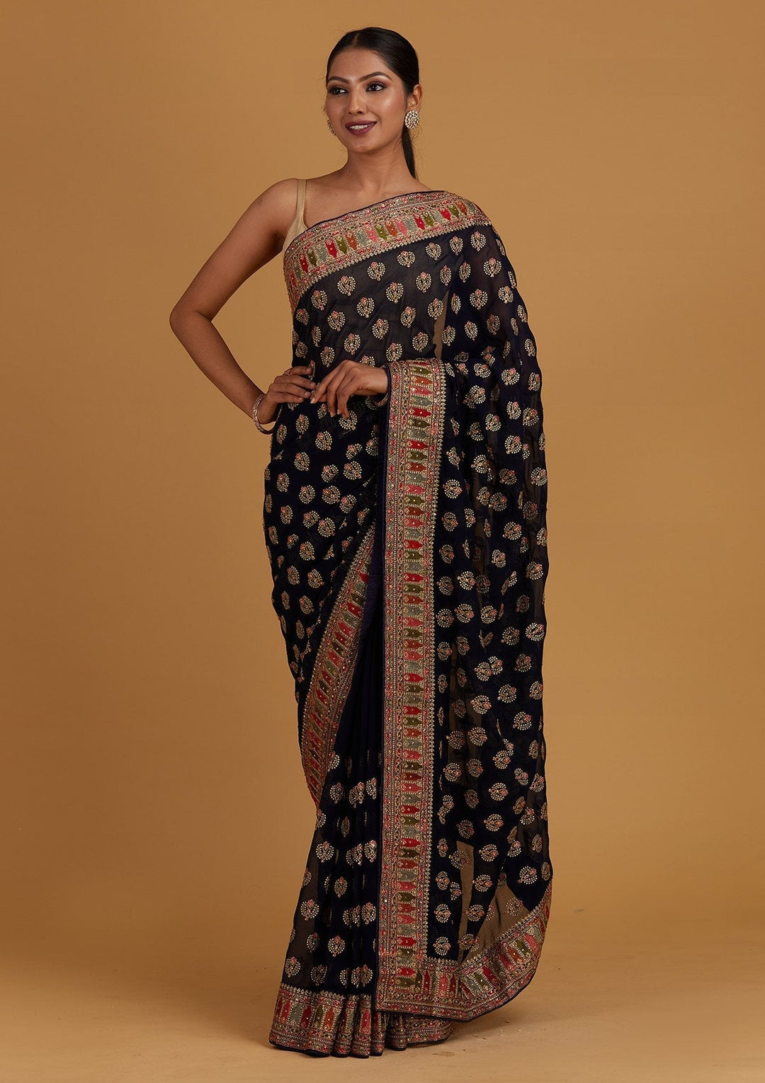 Navy Blue Threadwork Georgette Designer Saree - Koskii
