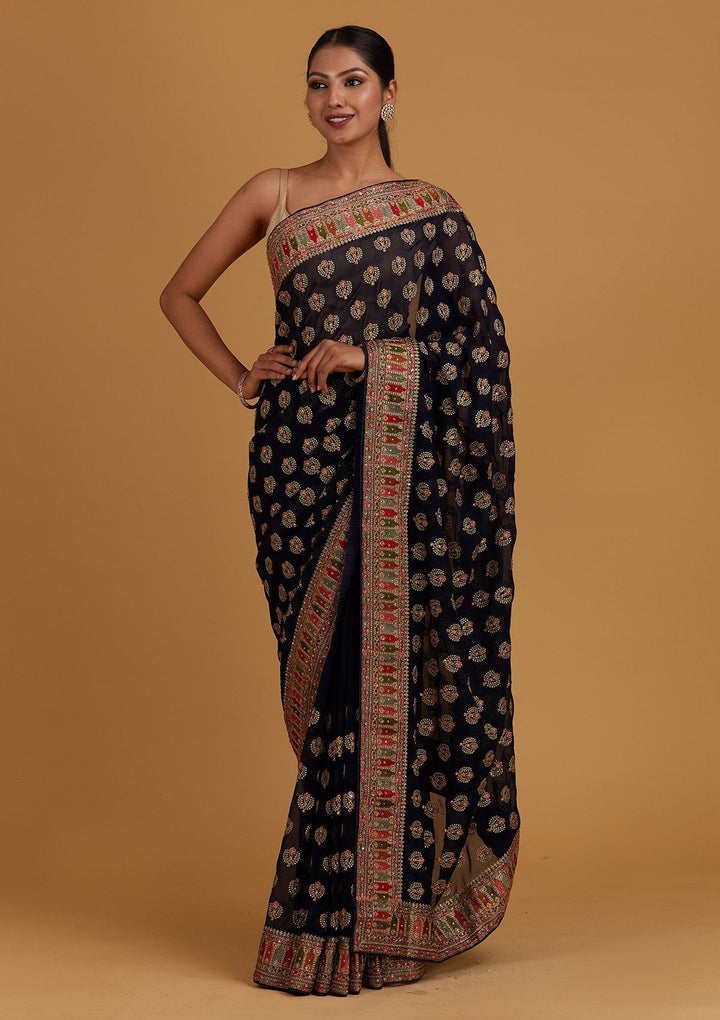 Navy Blue Threadwork Georgette Designer Saree - Koskii