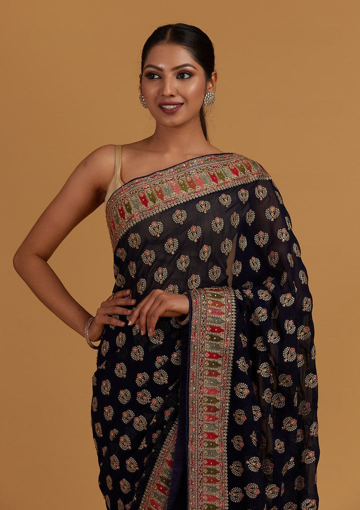 Navy Blue Threadwork Georgette Designer Saree - Koskii