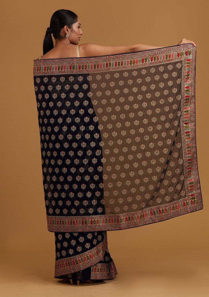 Navy Blue Threadwork Georgette Designer Saree - Koskii