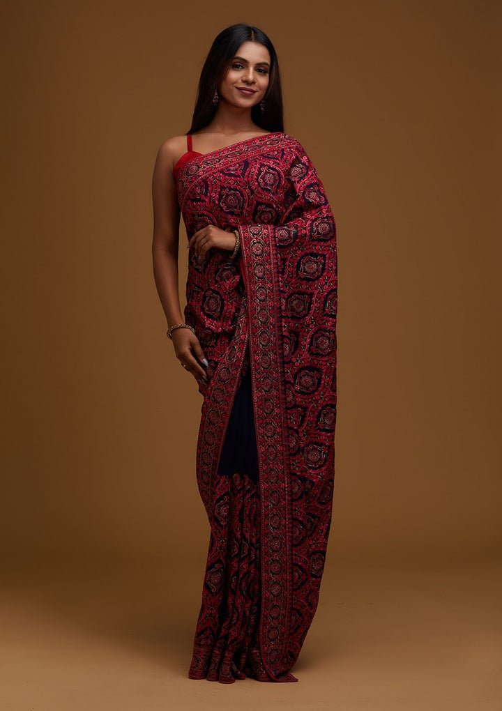 Navy Blue Threadwork Georgette Saree- Koskii