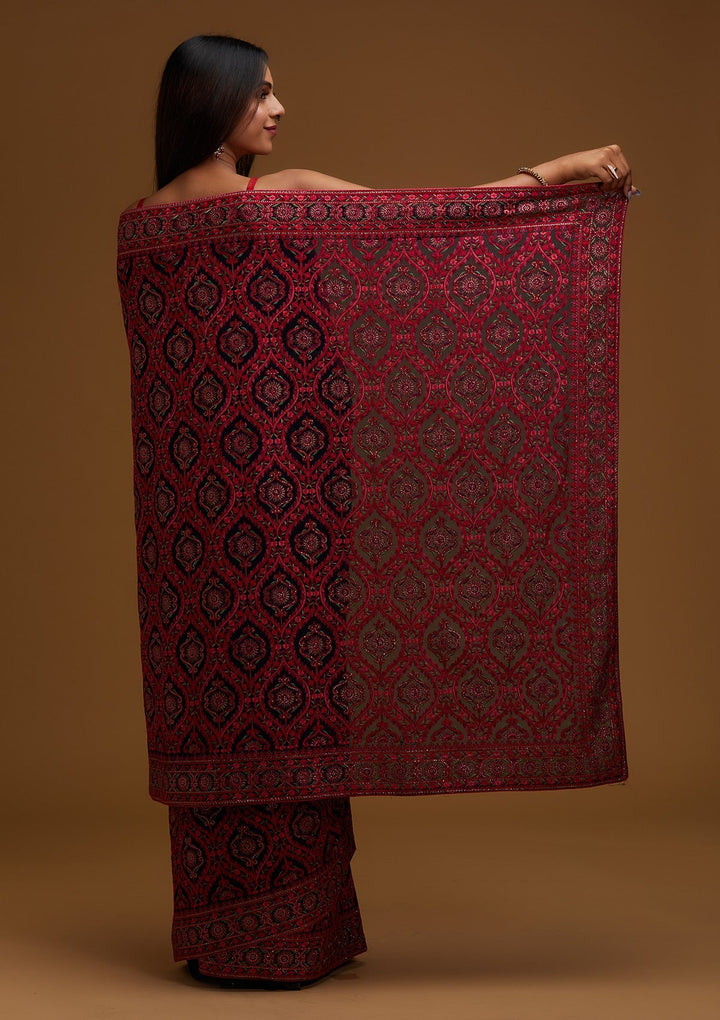 Navy Blue Threadwork Georgette Saree - Koskii