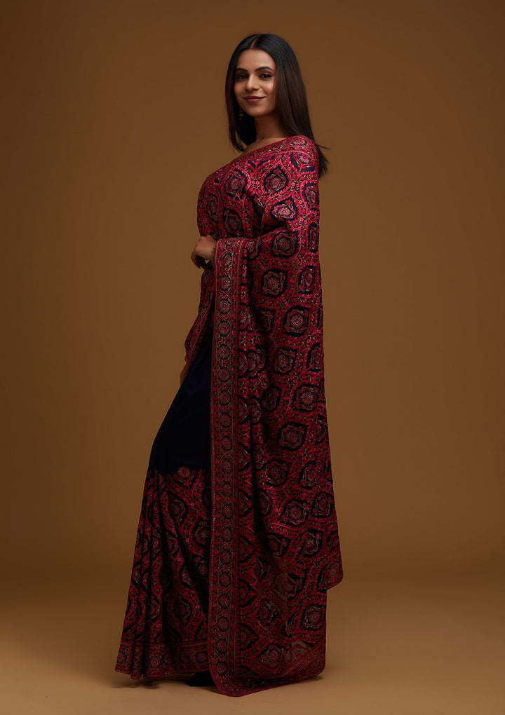 Navy Blue Threadwork Georgette Saree - Koskii
