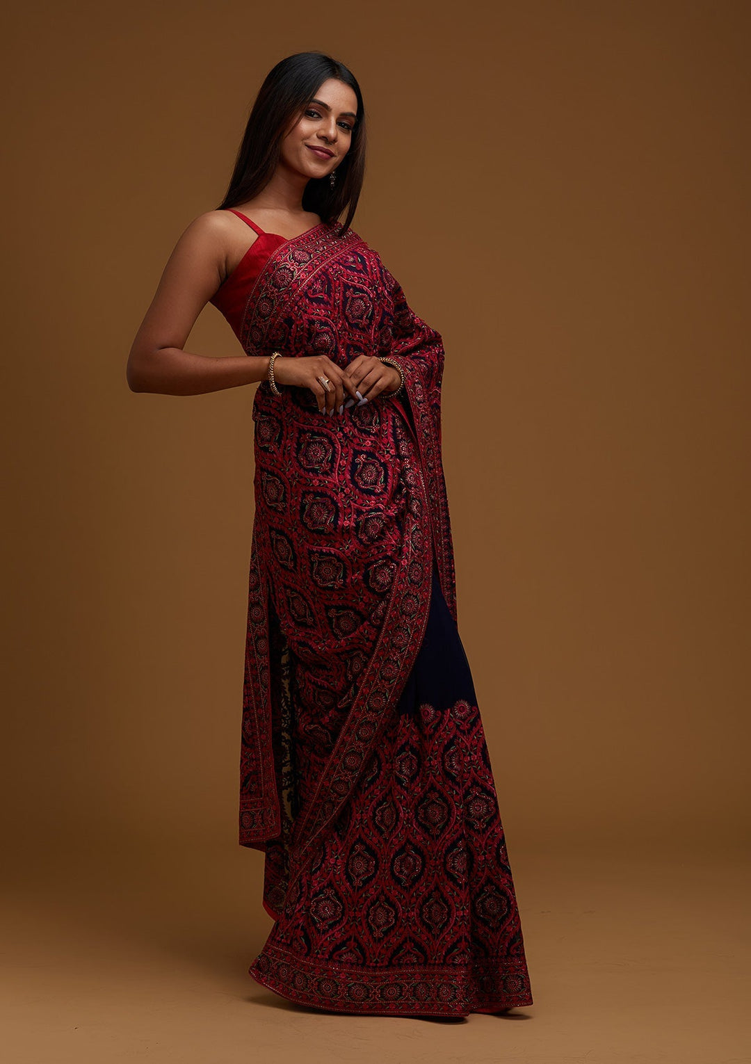 Navy Blue Threadwork Georgette Saree - Koskii