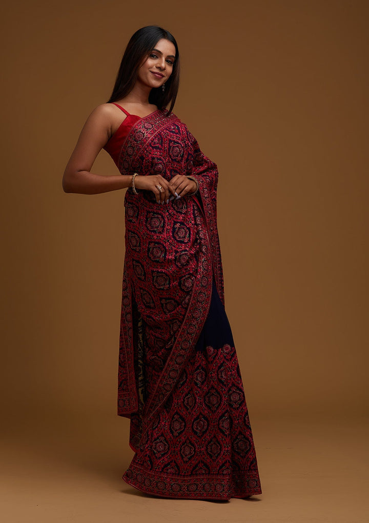 Navy Blue Threadwork Georgette Saree - Koskii