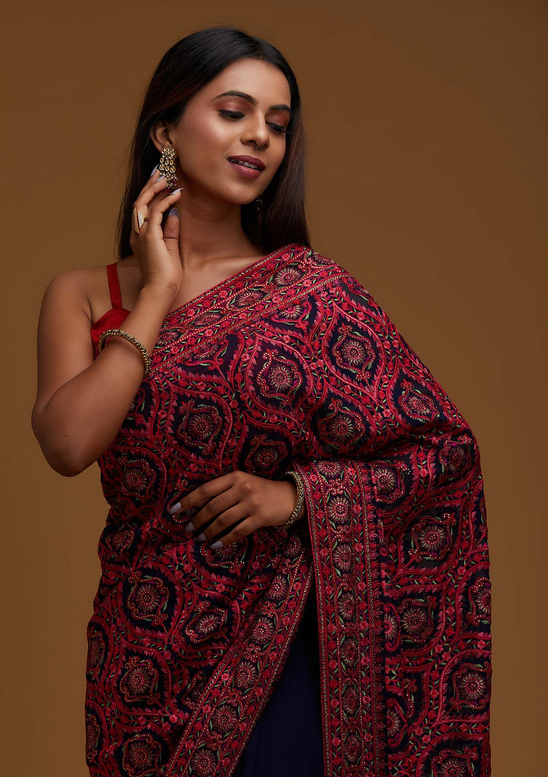 Navy Blue Threadwork Georgette Saree - Koskii