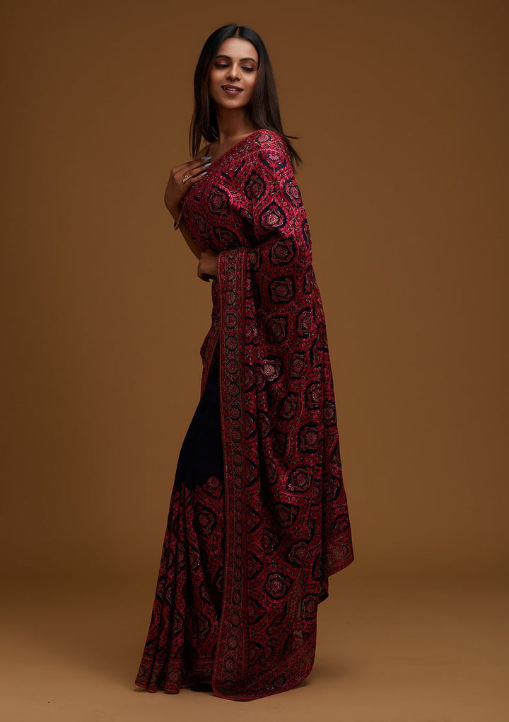 Navy Blue Threadwork Georgette Saree - Koskii