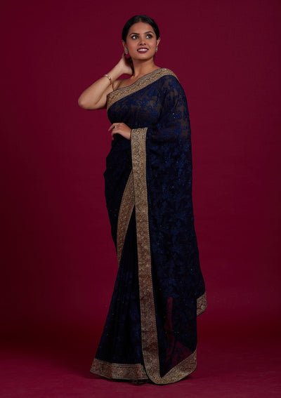 Navy Blue Threadwork Georgette Designer Saree - Koskii