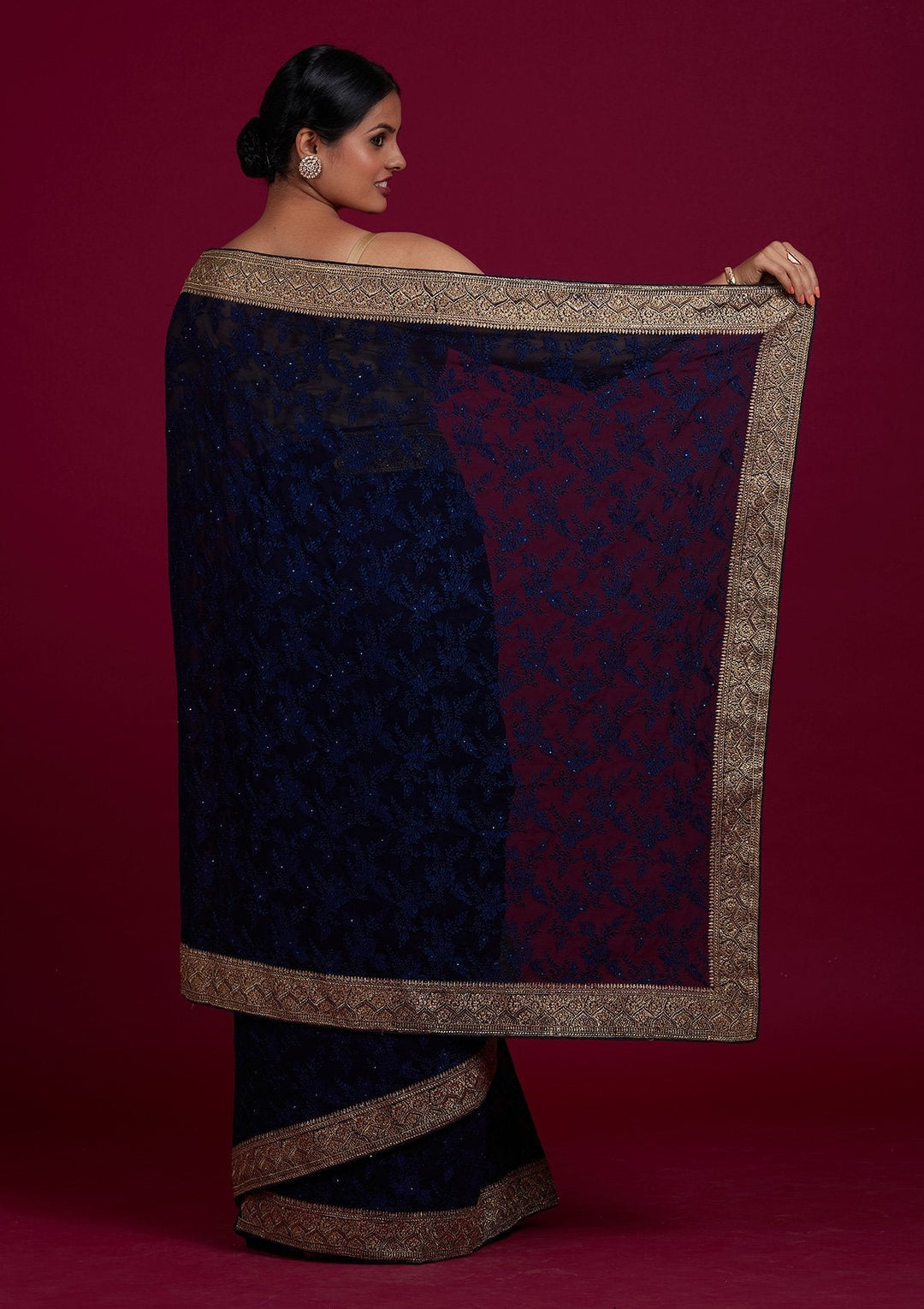 Navy Blue Threadwork Georgette Designer Saree - Koskii