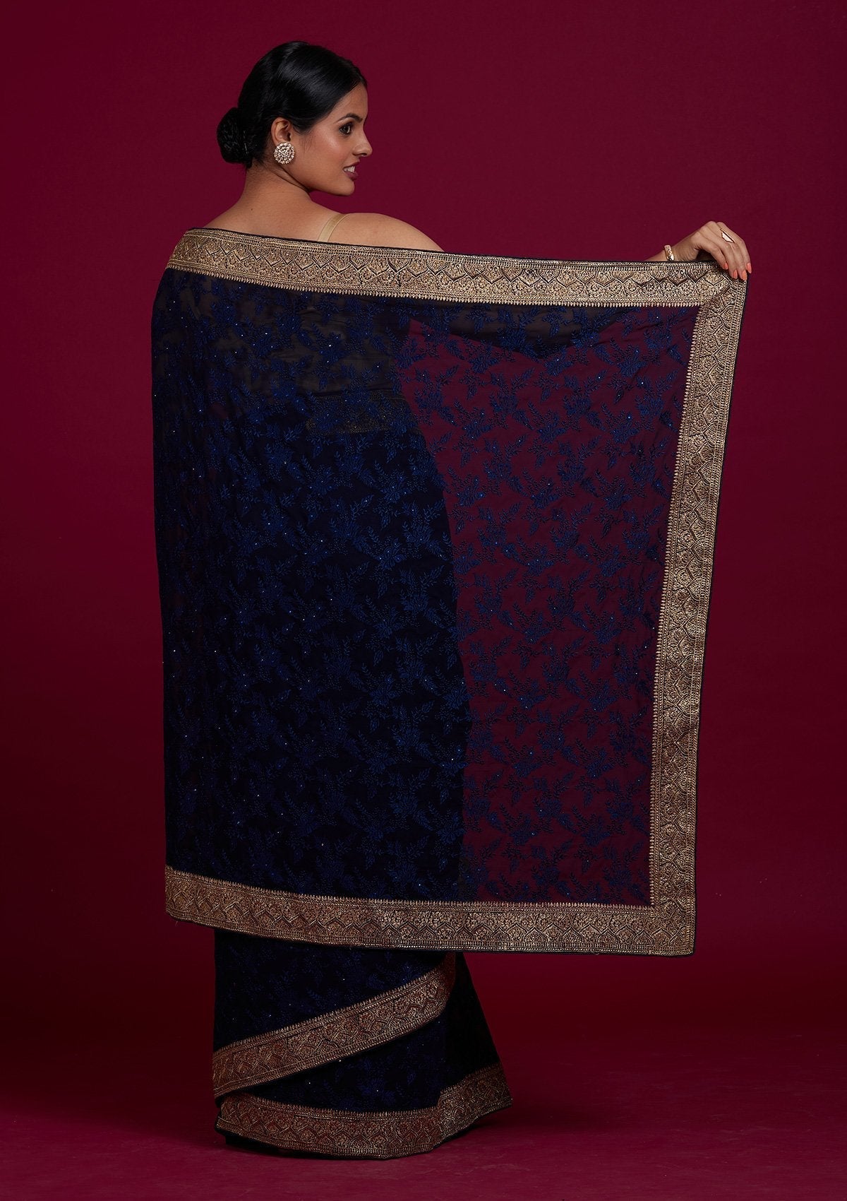 Navy Blue Threadwork Georgette Designer Saree - Koskii