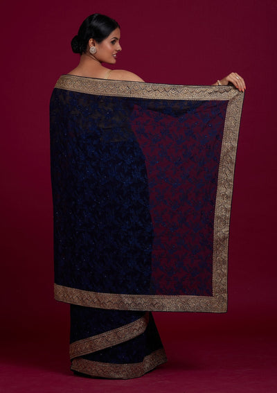 Navy Blue Threadwork Georgette Designer Saree - Koskii