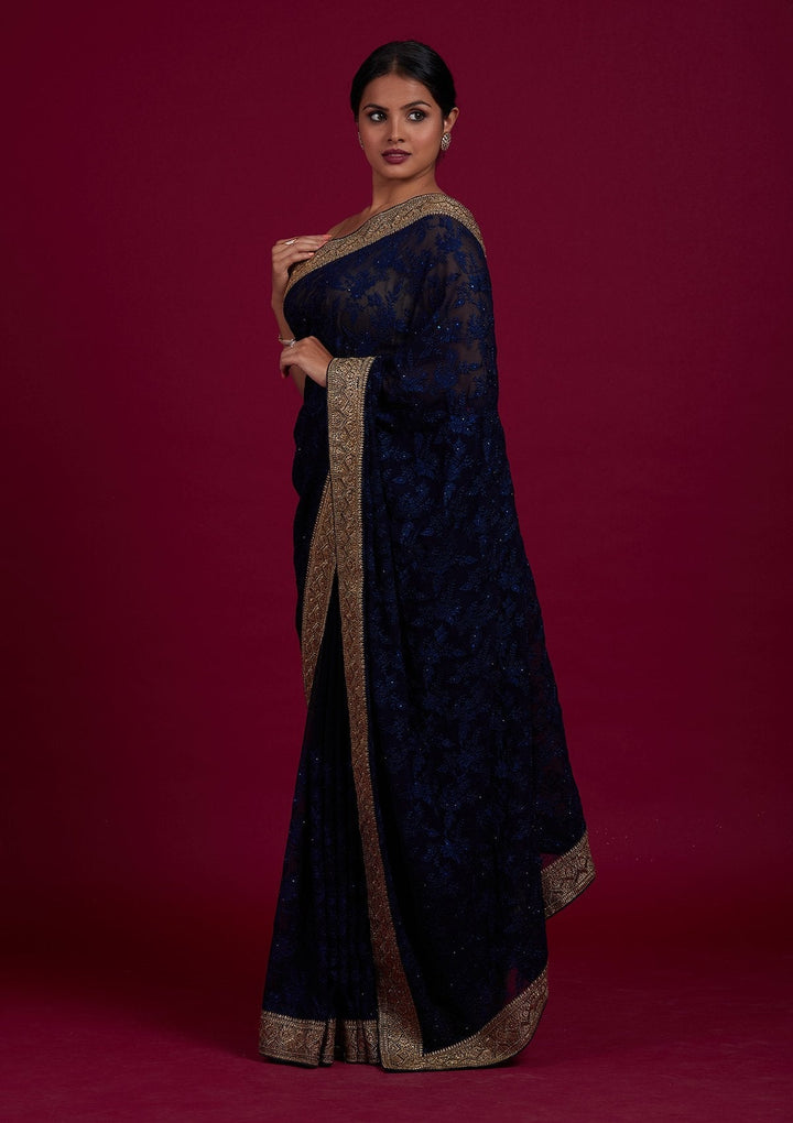 Navy Blue Threadwork Georgette Designer Saree - Koskii