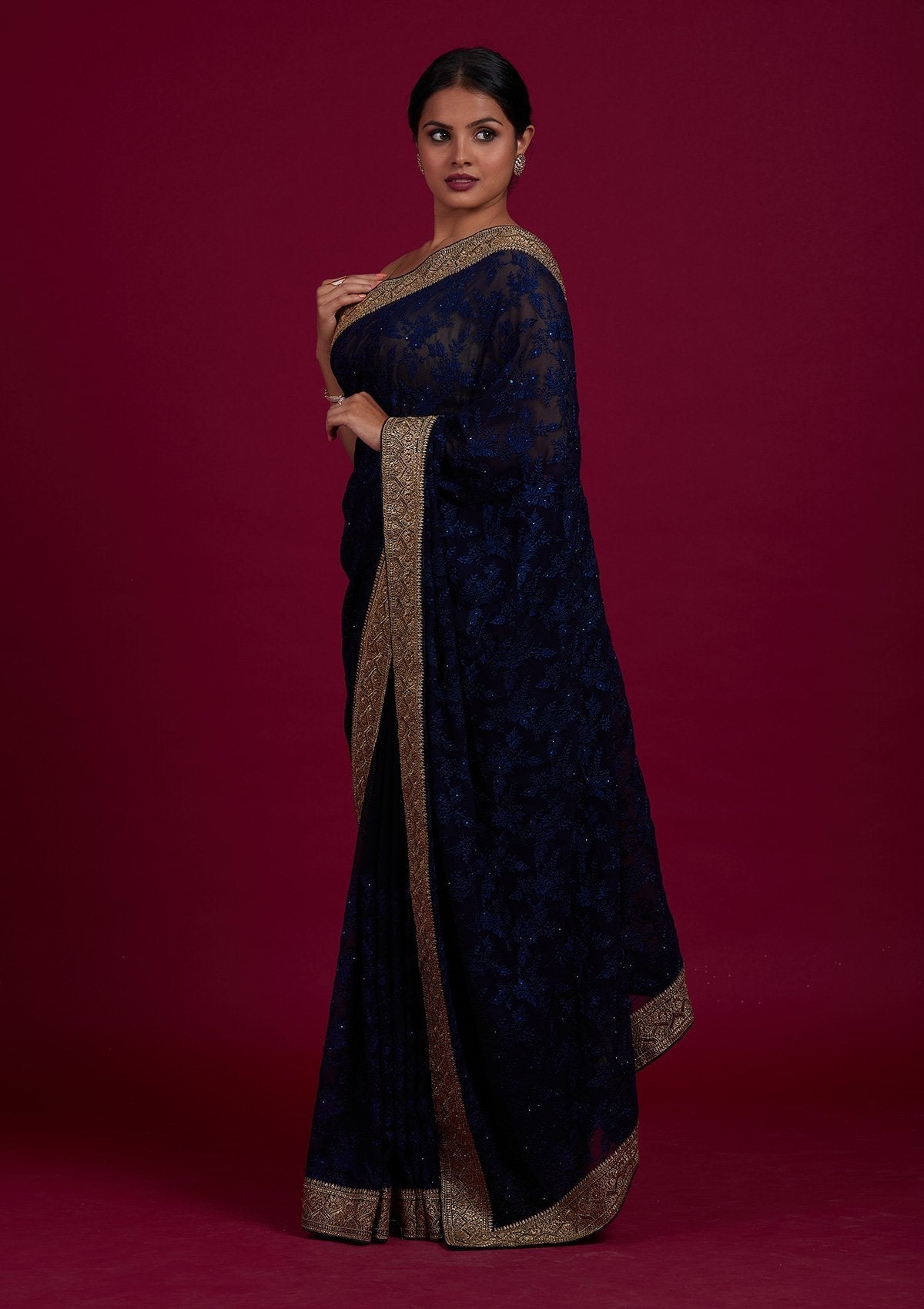 Navy Blue Threadwork Georgette Designer Saree - Koskii