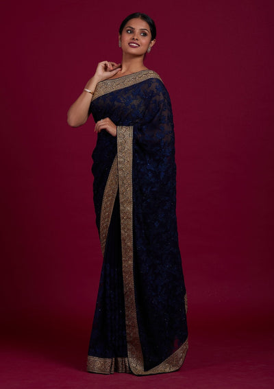Navy Blue Threadwork Georgette Designer Saree - Koskii