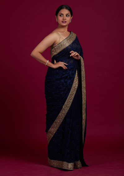 Navy Blue Threadwork Georgette Designer Saree - Koskii