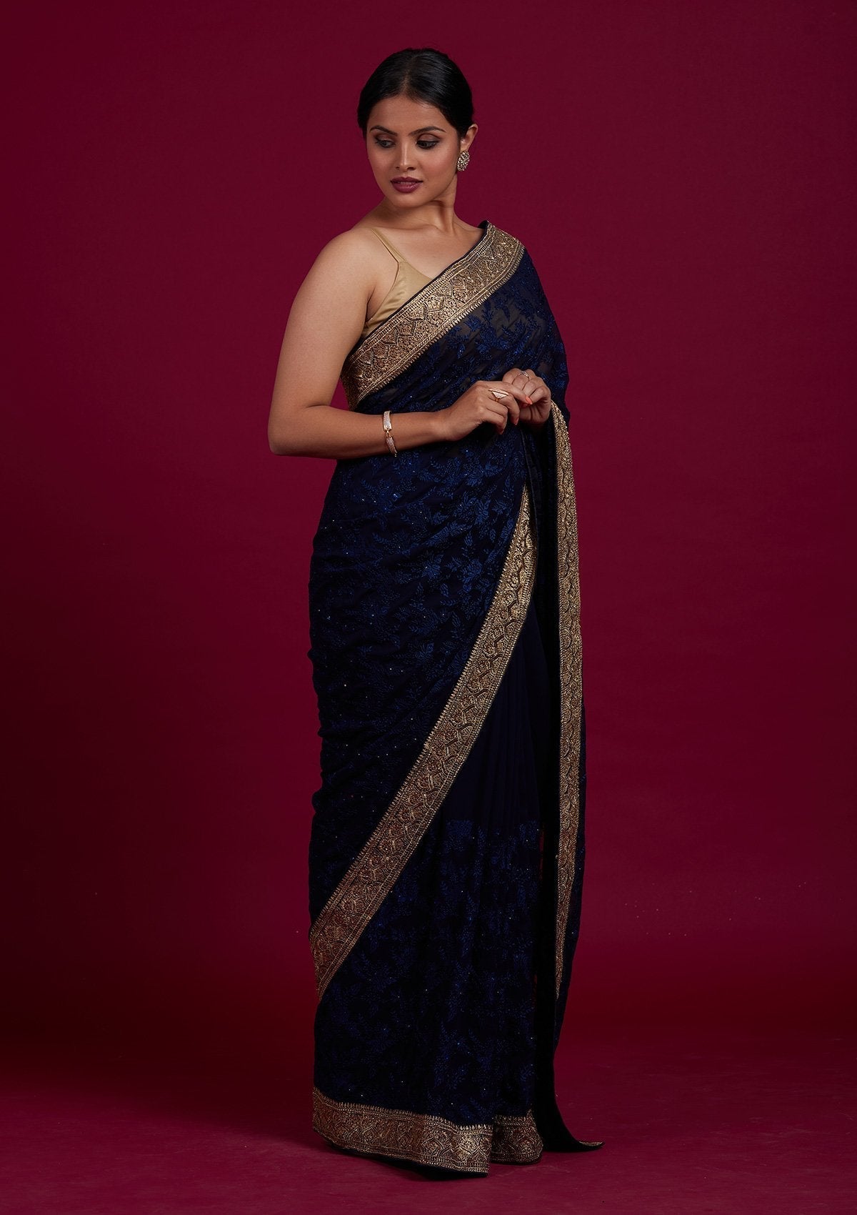 Navy Blue Threadwork Georgette Designer Saree - Koskii