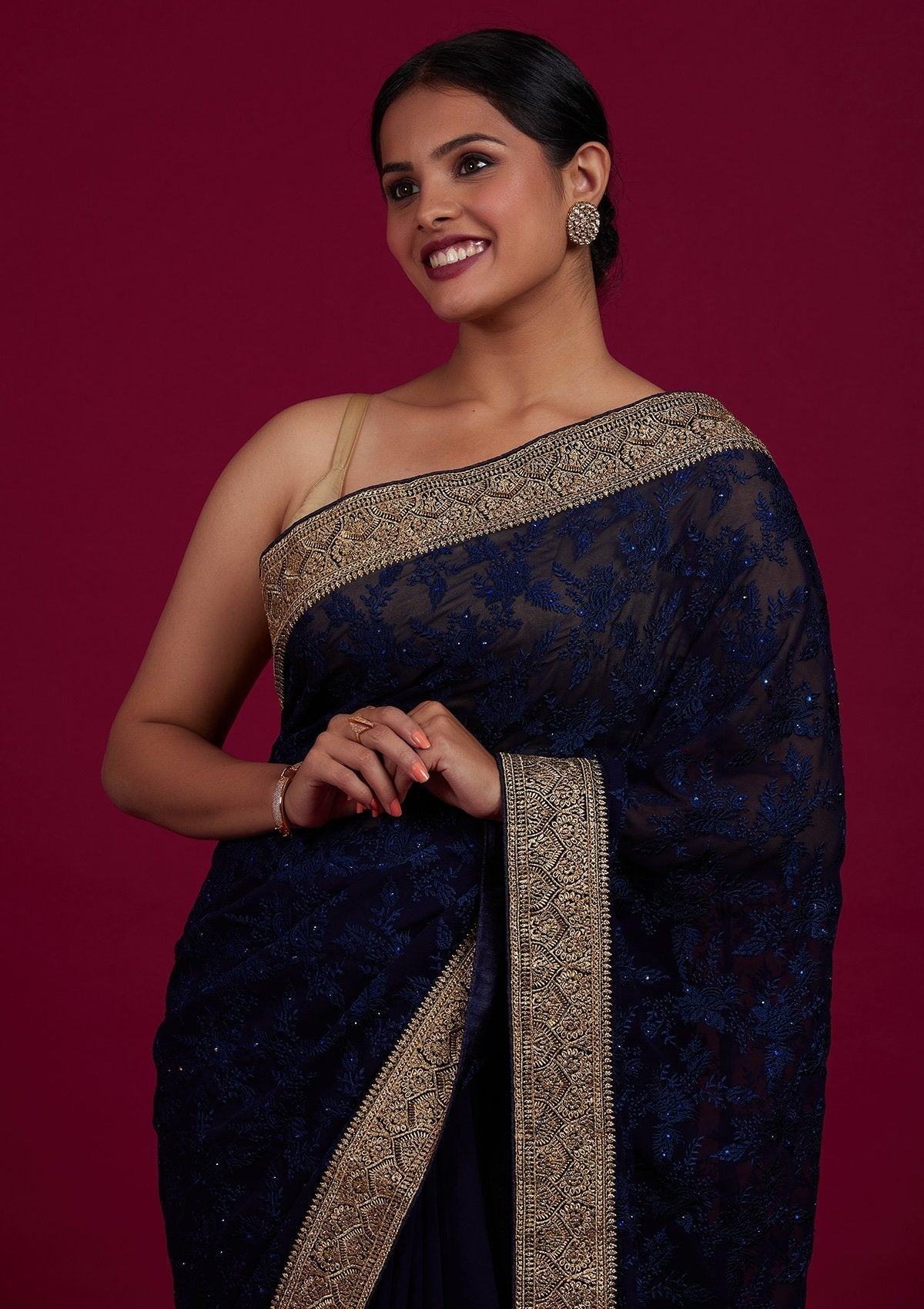 Navy Blue Threadwork Georgette Designer Saree - Koskii