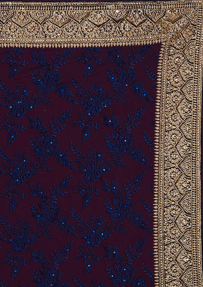 Navy Blue Threadwork Georgette Designer Saree - Koskii