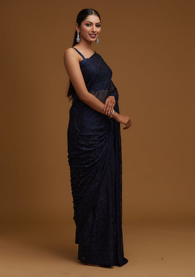 Navy Blue Threadwork Georgette Designer Saree - Koskii