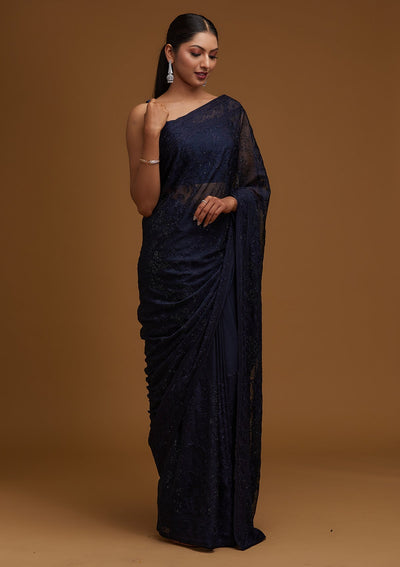 Navy Blue Threadwork Georgette Designer Saree - Koskii