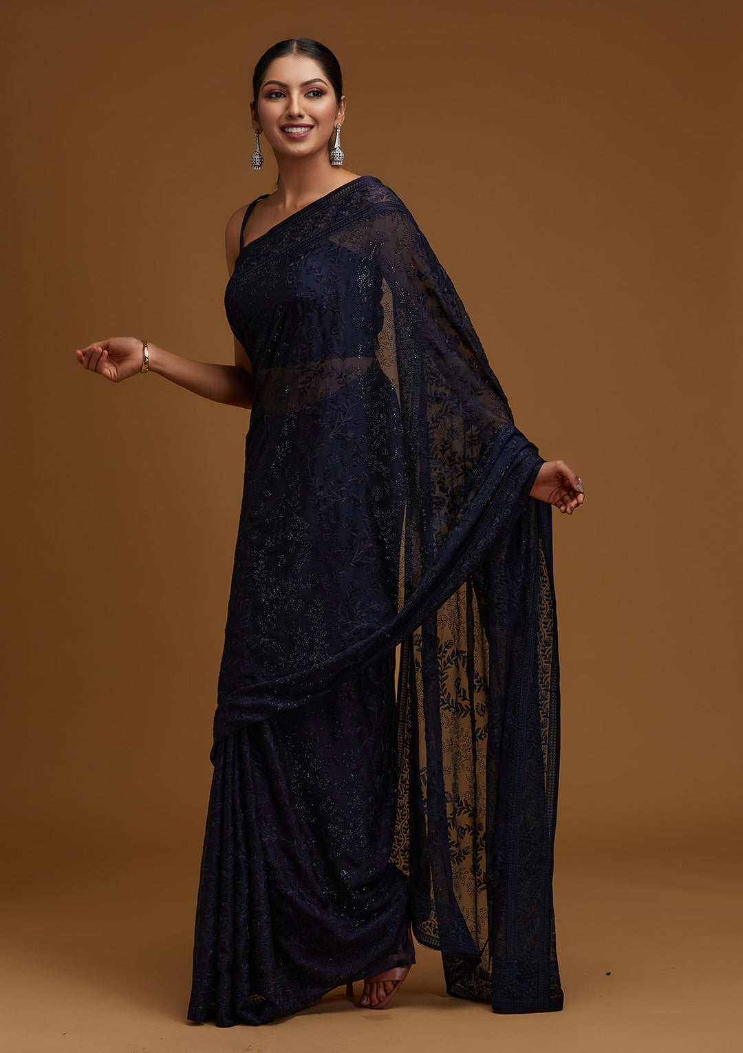 Navy Blue Threadwork Georgette Designer Saree - Koskii