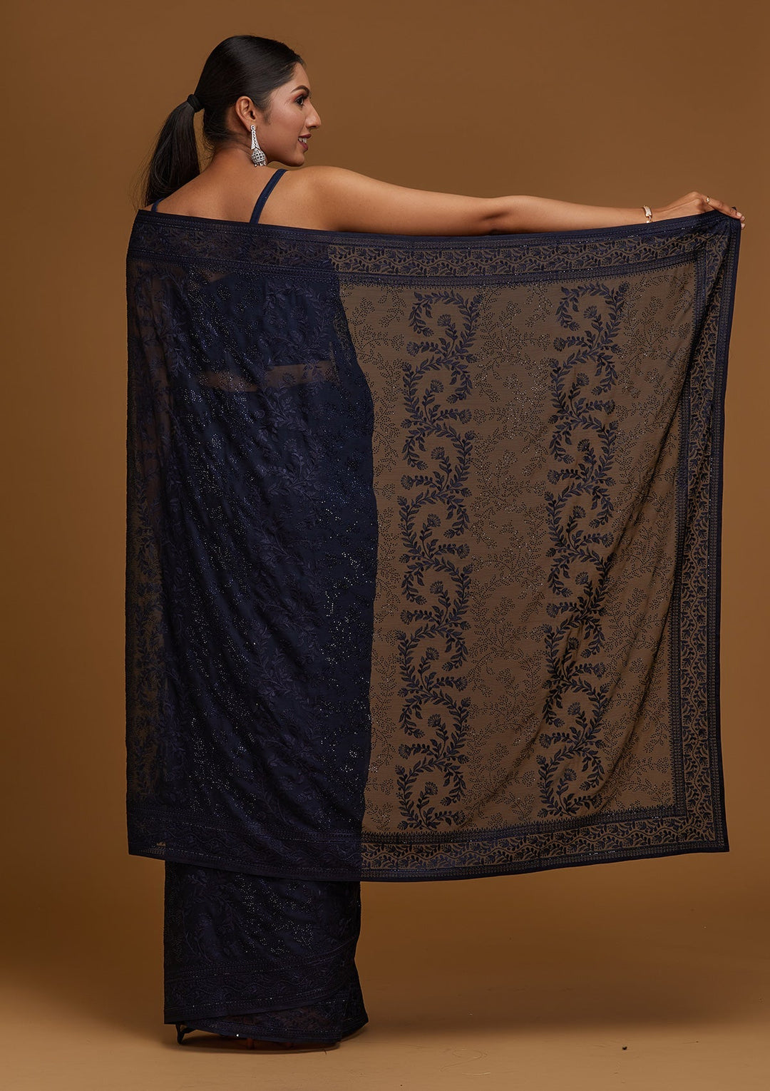 Navy Blue Threadwork Georgette Designer Saree - Koskii
